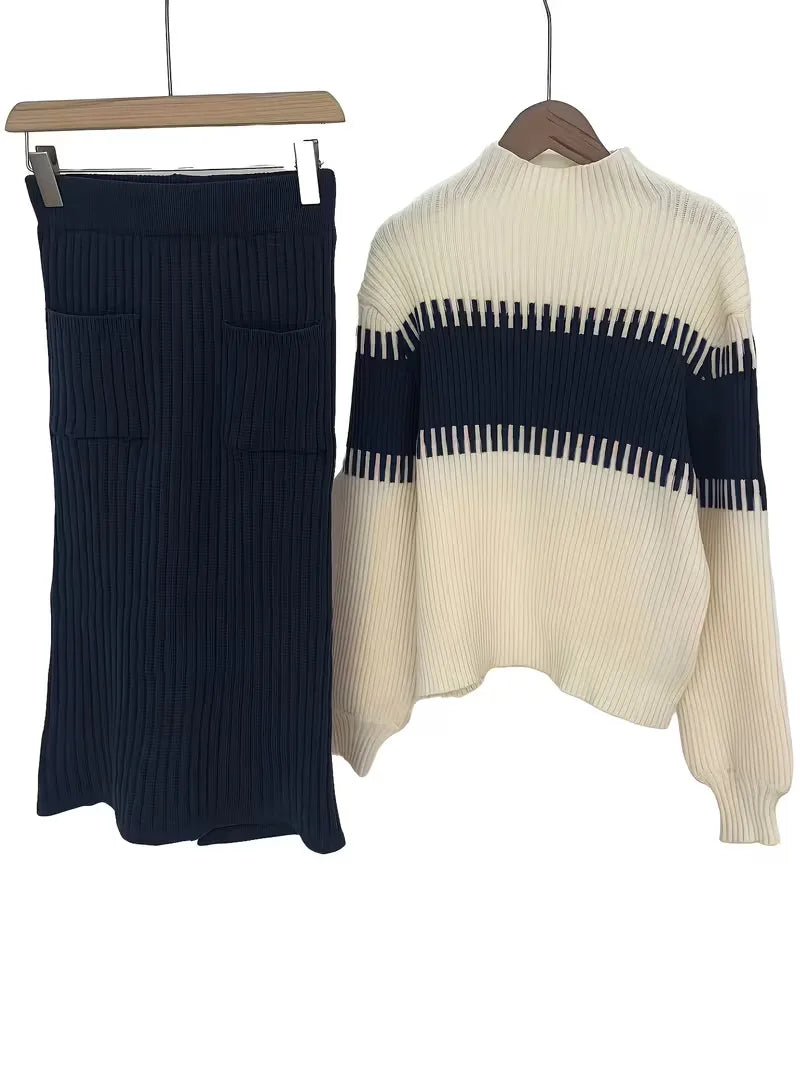 High Waisted Midi Skirt and Oversized Sweater Ribbed Knit Set for Women