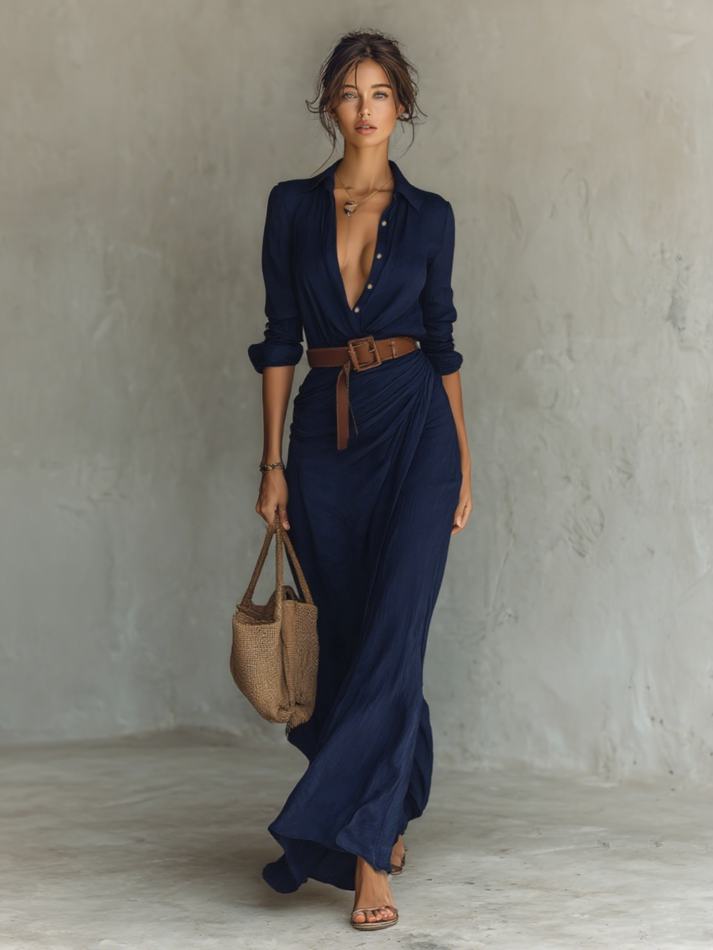 Maxi Dress with Belt and V-Neck for Women