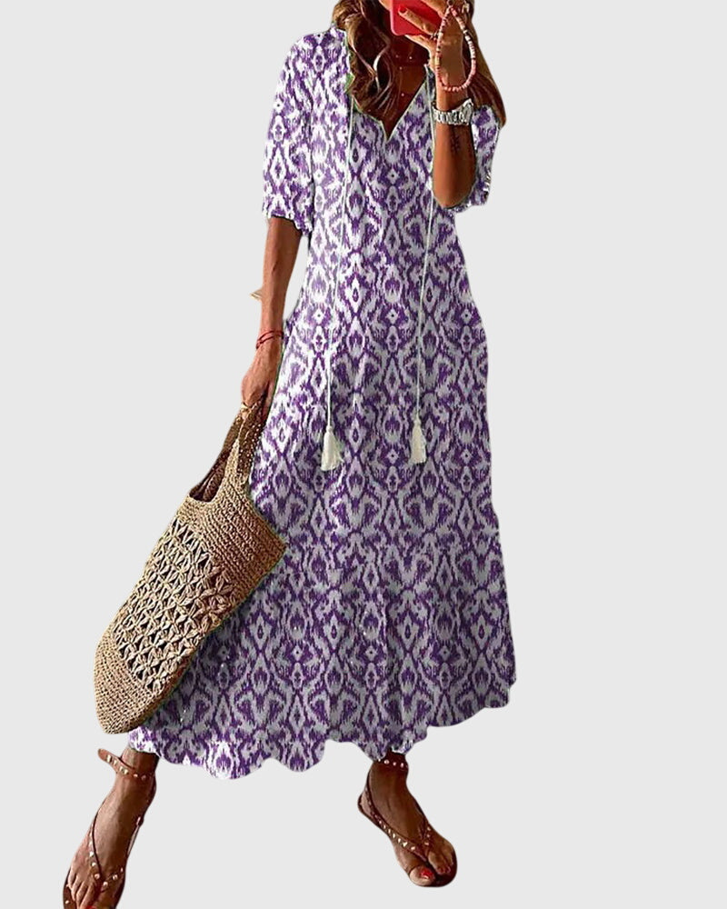 Women's Printed V-Neck Long Dress