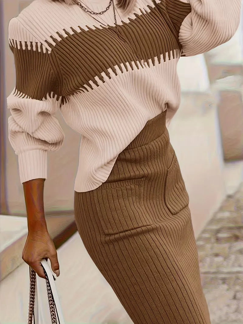 High Waisted Midi Skirt and Oversized Sweater Ribbed Knit Set for Women