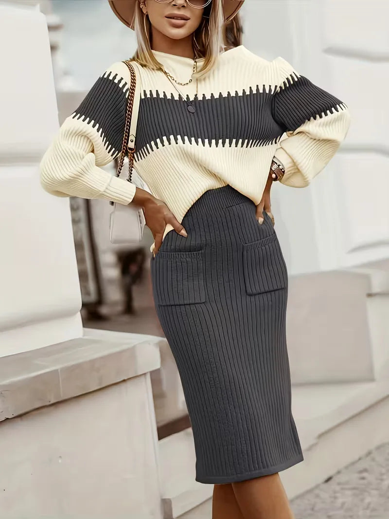 High Waisted Midi Skirt and Oversized Sweater Ribbed Knit Set for Women