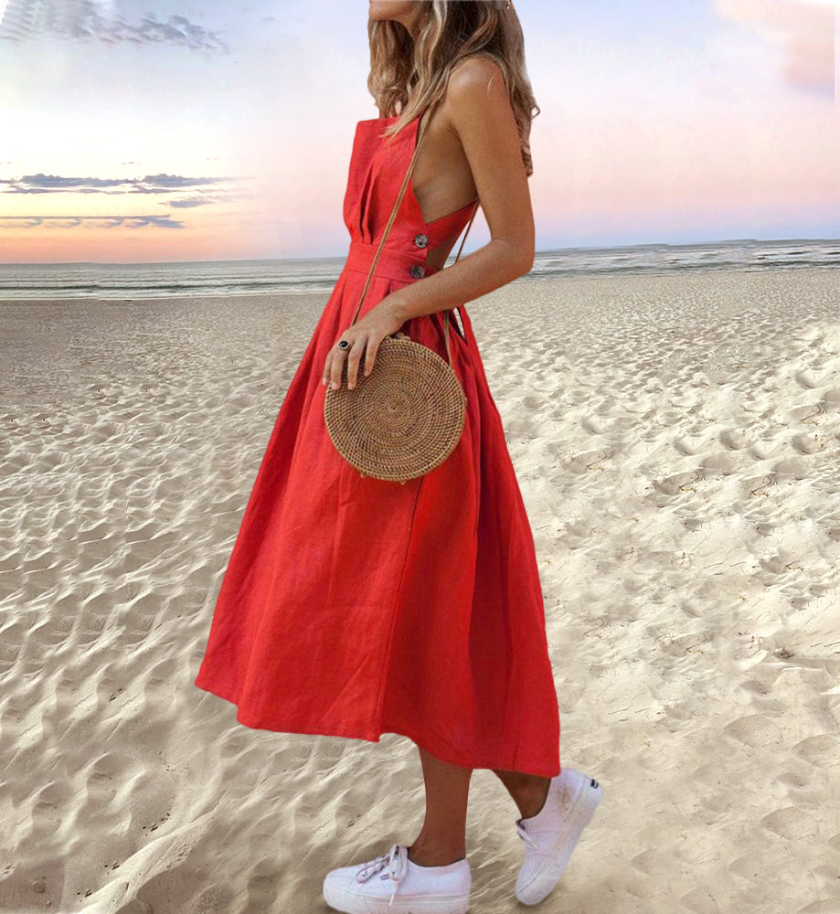 Midi Dress with Back Strap and Button Detail for Women
