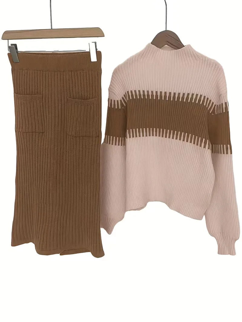 High Waisted Midi Skirt and Oversized Sweater Ribbed Knit Set for Women