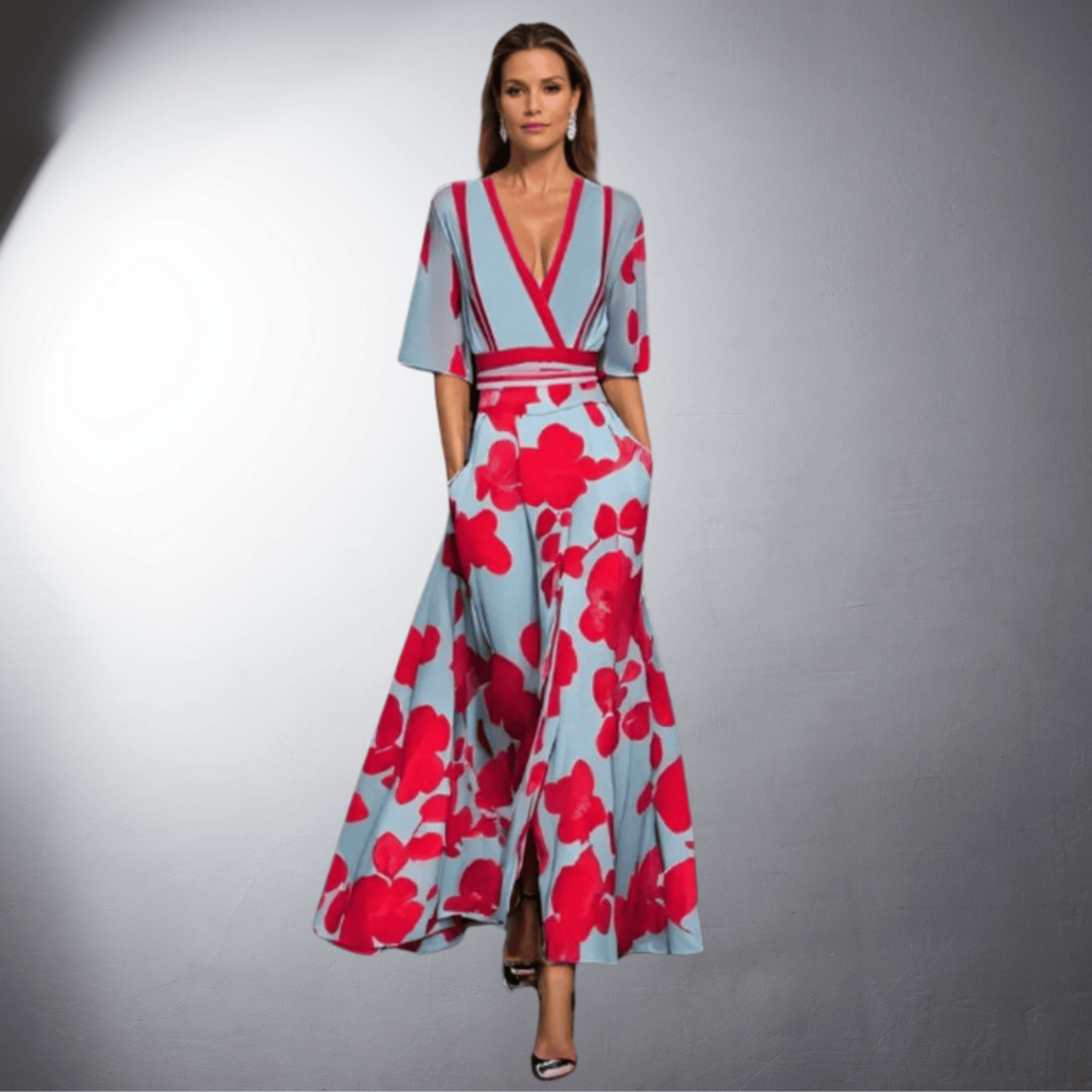 Elegant Dress with Print and V-Neck for Women