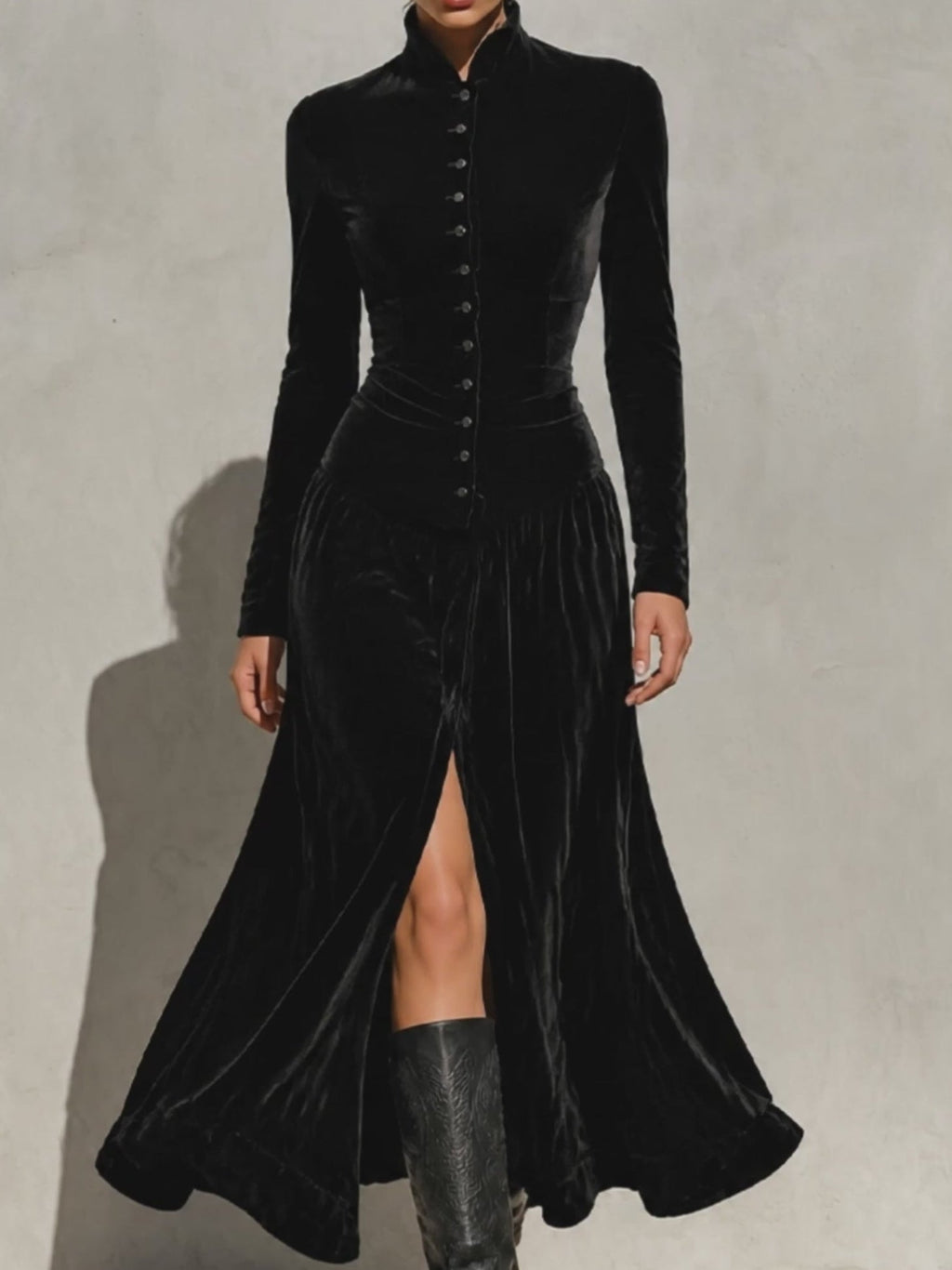Long Sleeve Holiday Velvet Maxi Dress with Stand Collar for Women