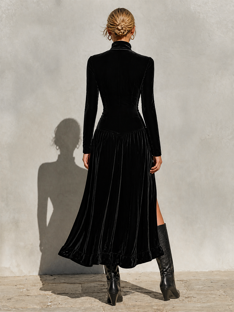 Long Sleeve Holiday Velvet Maxi Dress with Stand Collar for Women