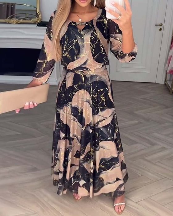 Long Dress with 3D Print and Puff Sleeves for Women