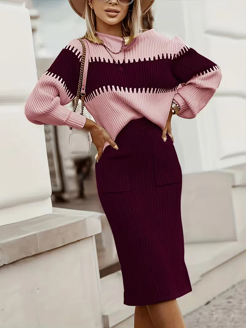 High Waisted Midi Skirt and Oversized Sweater Ribbed Knit Set for Women