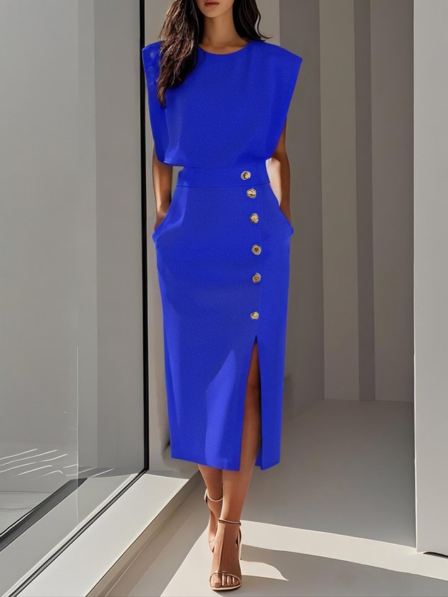 Midi Dress with Round Neck and Buttons for Women | Ideal for Summer