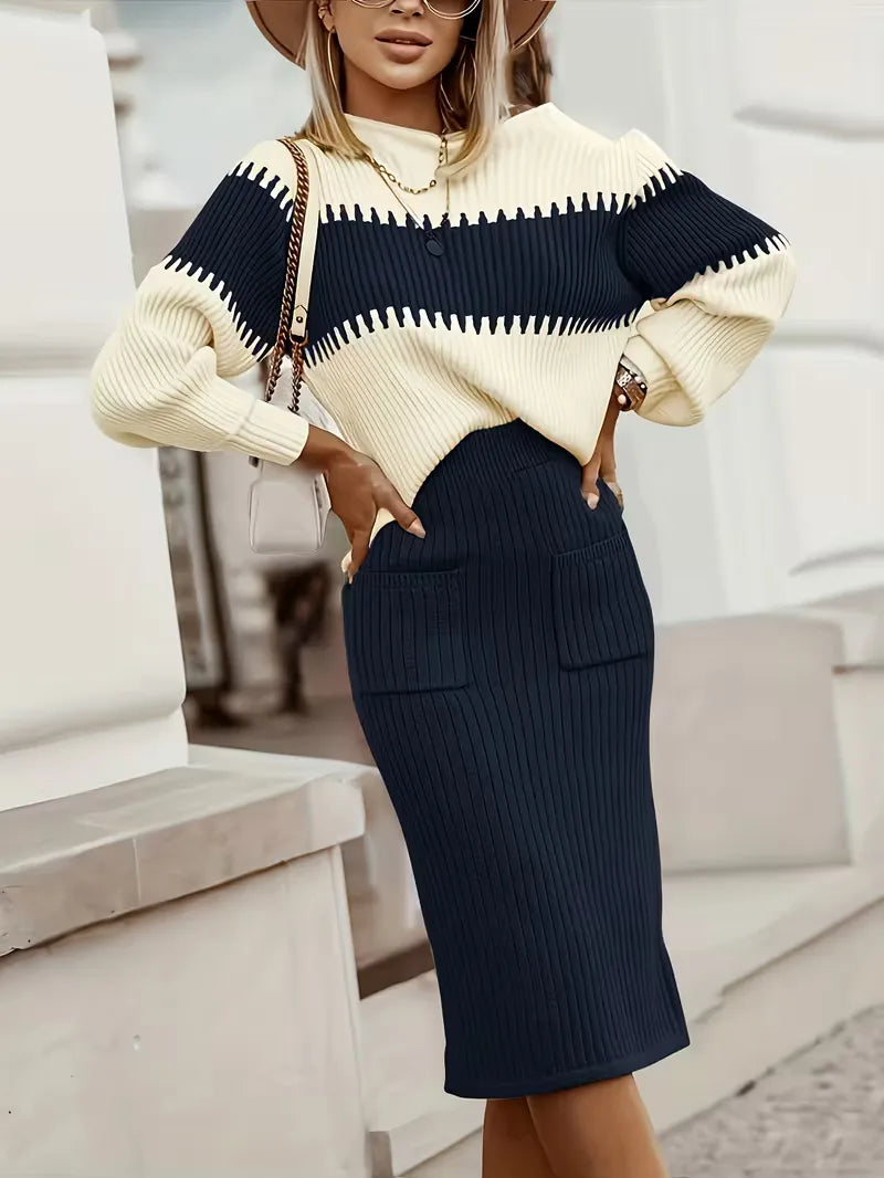 High Waisted Midi Skirt and Oversized Sweater Ribbed Knit Set for Women