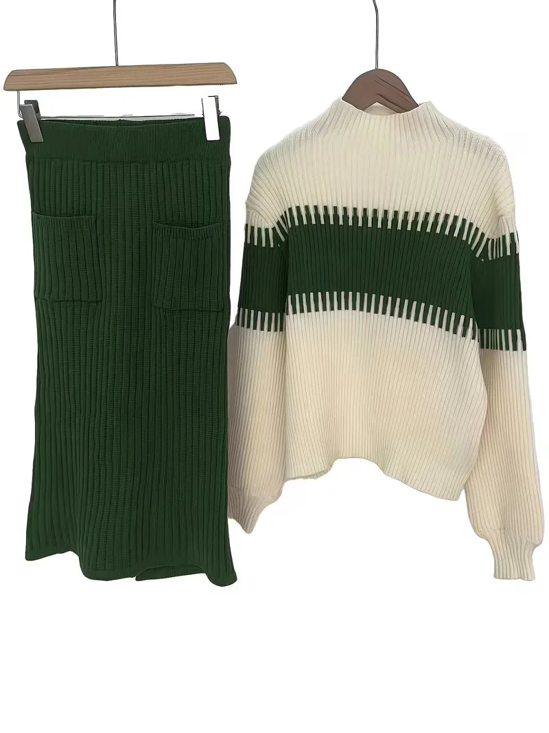 High Waisted Midi Skirt and Oversized Sweater Ribbed Knit Set for Women