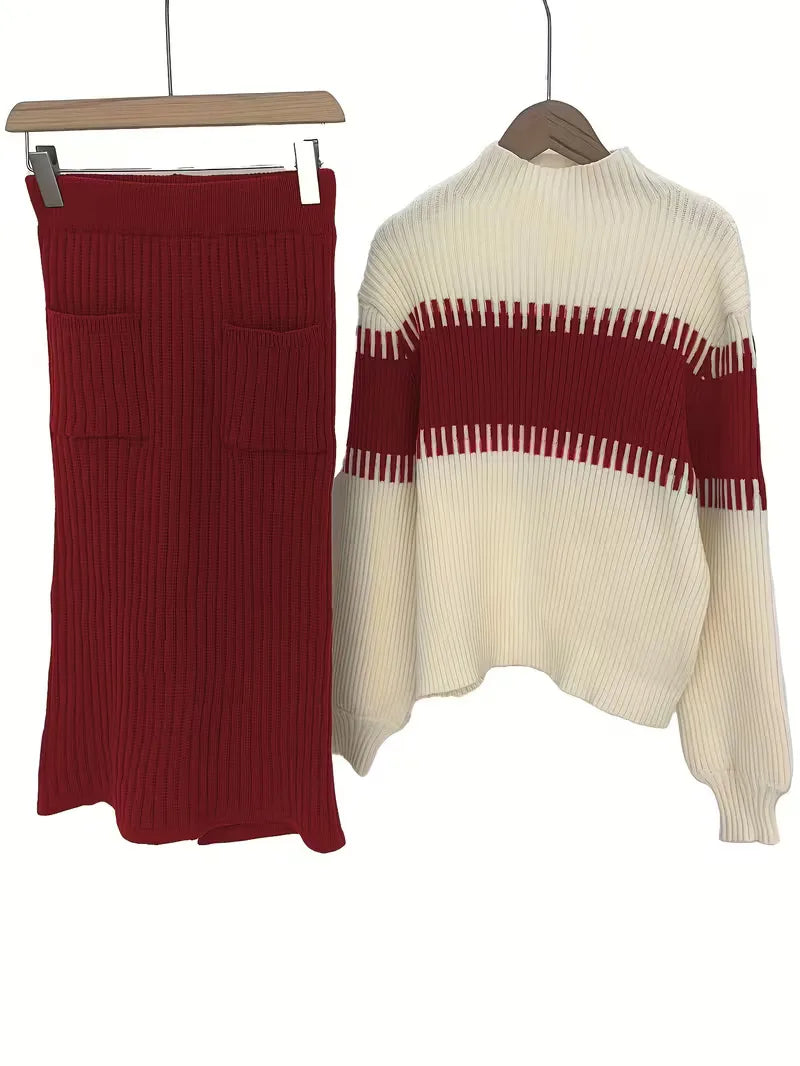 High Waisted Midi Skirt and Oversized Sweater Ribbed Knit Set for Women