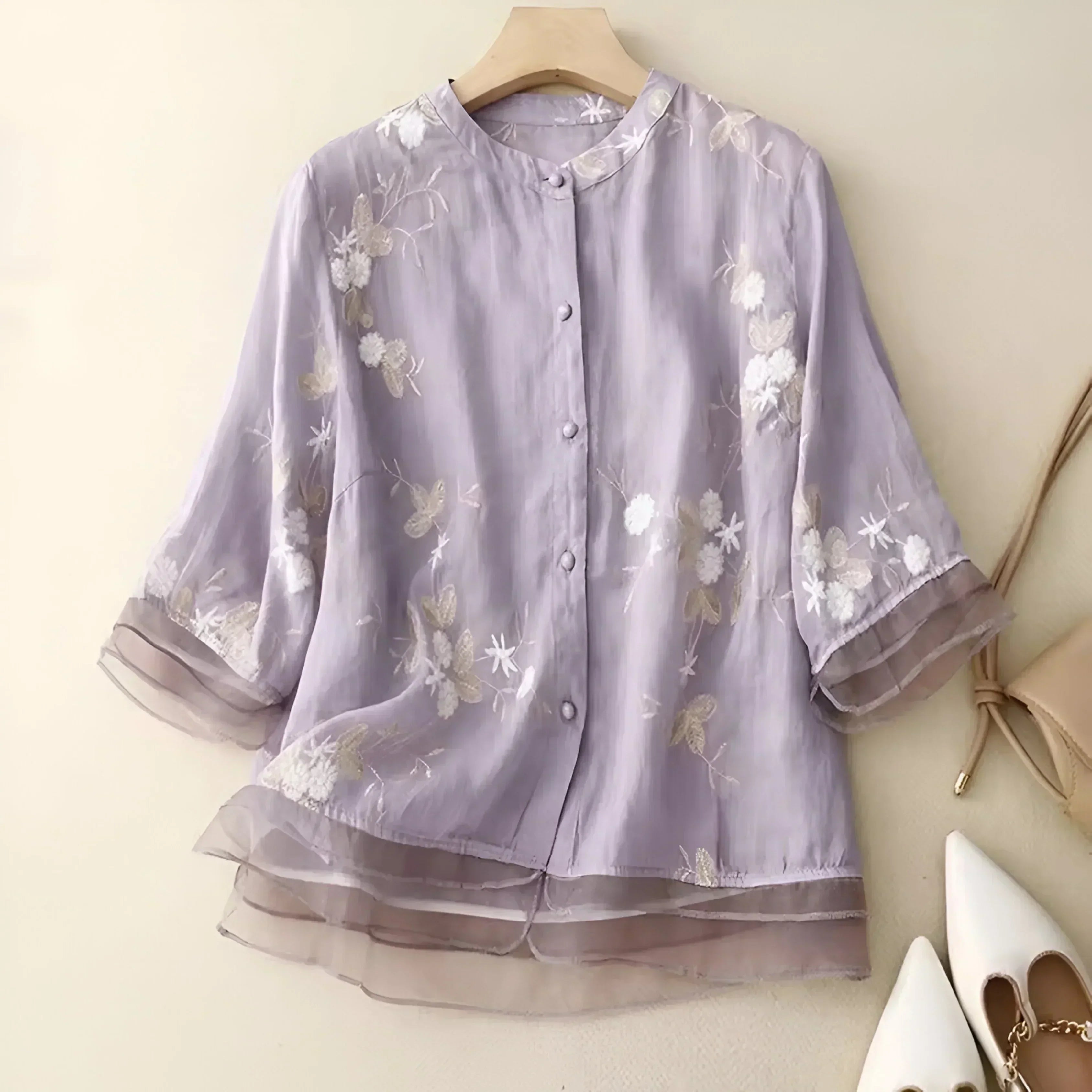 Long Sleeve Blouse for Women with Embroidery and Layered Hem