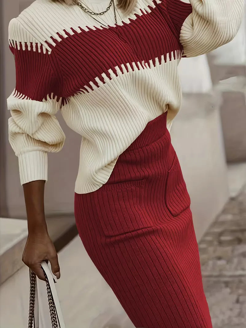 High Waisted Midi Skirt and Oversized Sweater Ribbed Knit Set for Women