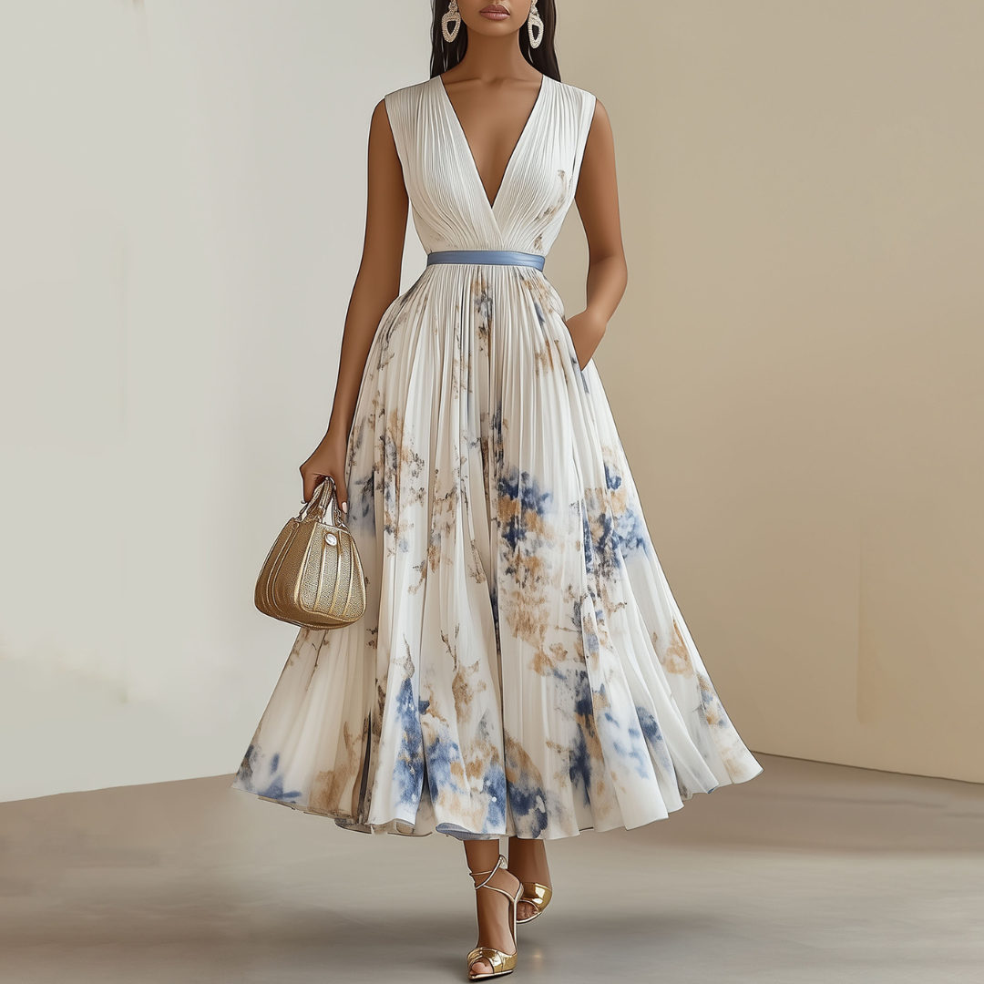 Long Printed Dress with Pleats for Women