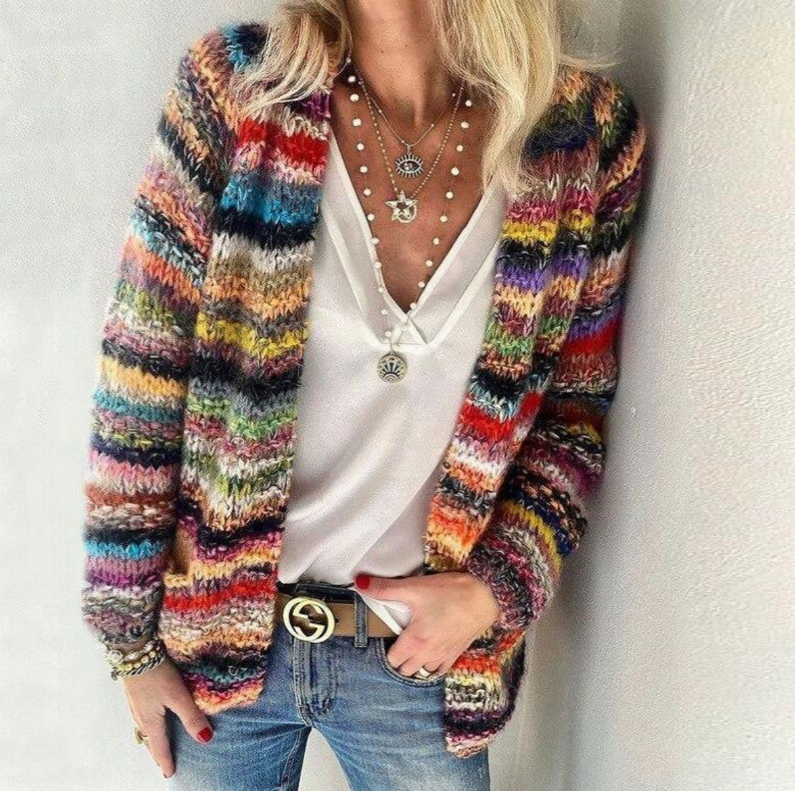 Chunky Knit Multicolor Striped Open Front Cardigan for Women