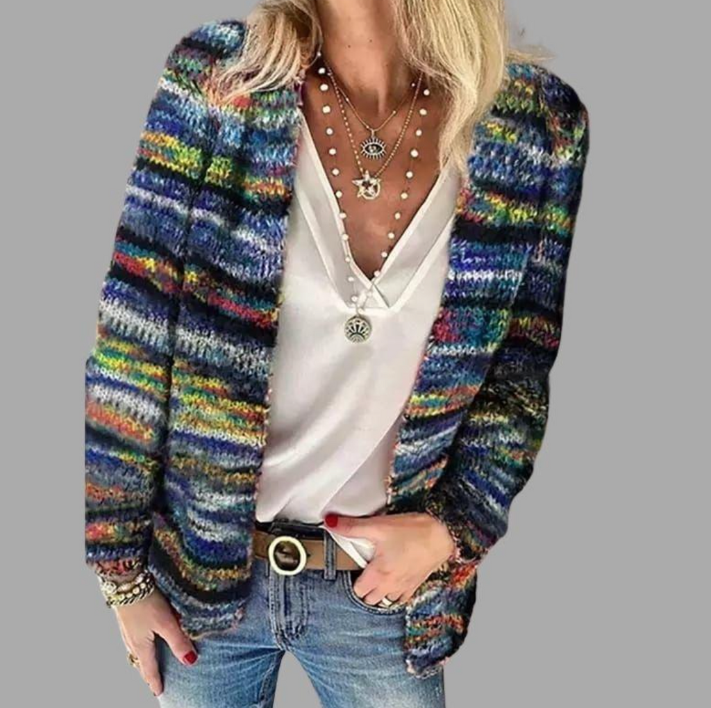 Chunky Knit Multicolor Striped Open Front Cardigan for Women