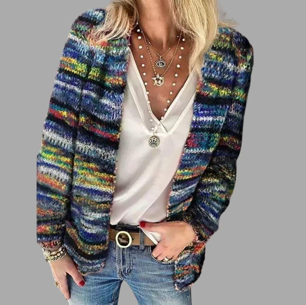 Chunky Knit Multicolor Striped Open Front Cardigan for Women