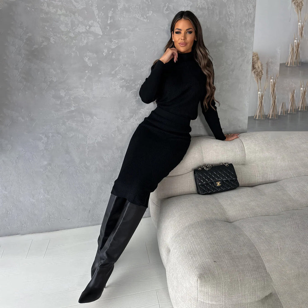 Midi Skirt and Turtleneck Sweater Two Piece Set for Women