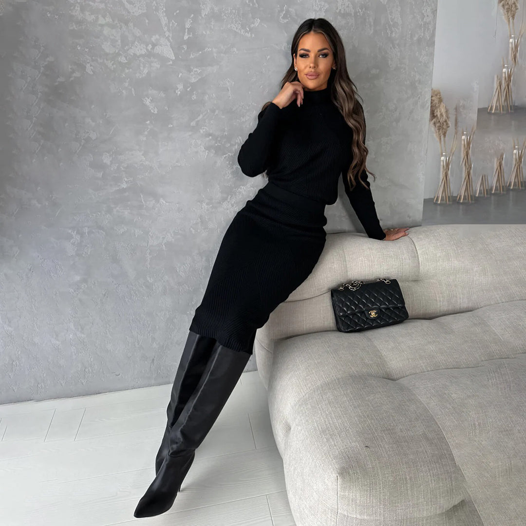 Midi Skirt and Turtleneck Sweater Two Piece Set for Women