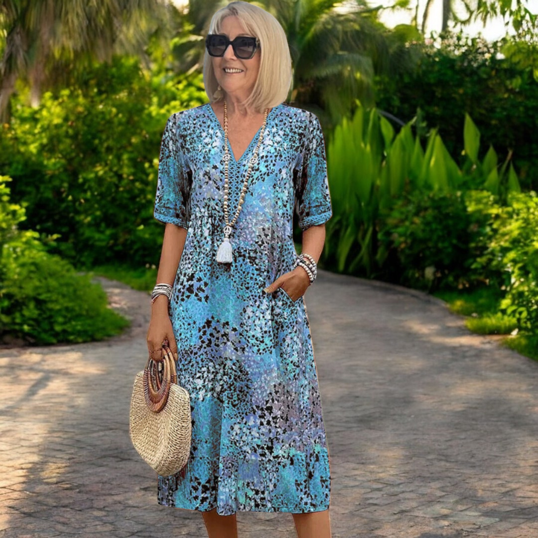 Midi Dress with Floral Print and Pockets for Women
