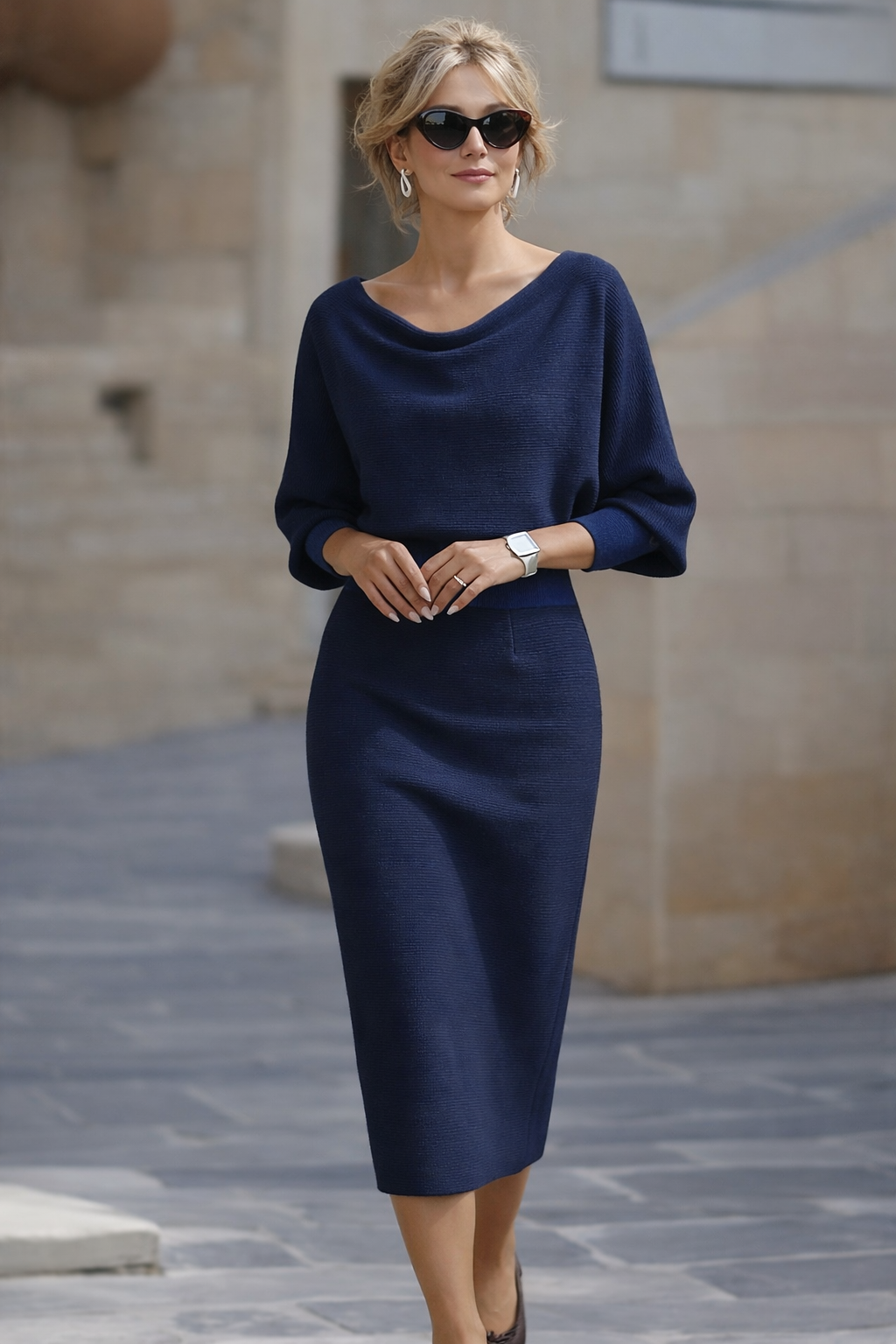 Batwing Sleeve Ribbed Knit Sweater Midi Dress for Women