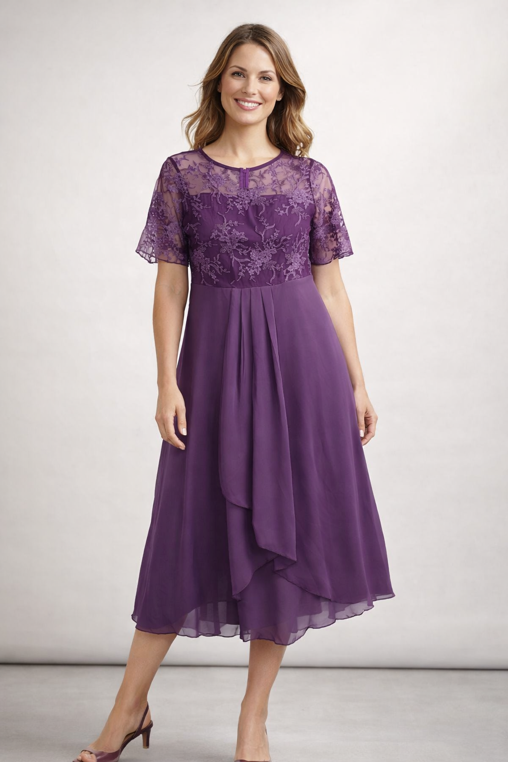 Midi Dress with Lace and Chiffon for Women