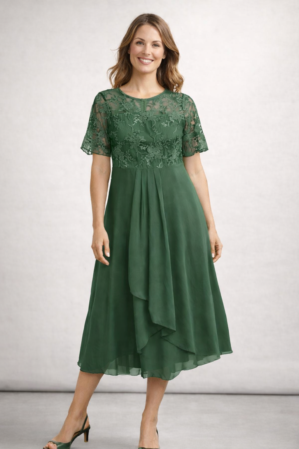 Midi Dress with Lace and Chiffon for Women