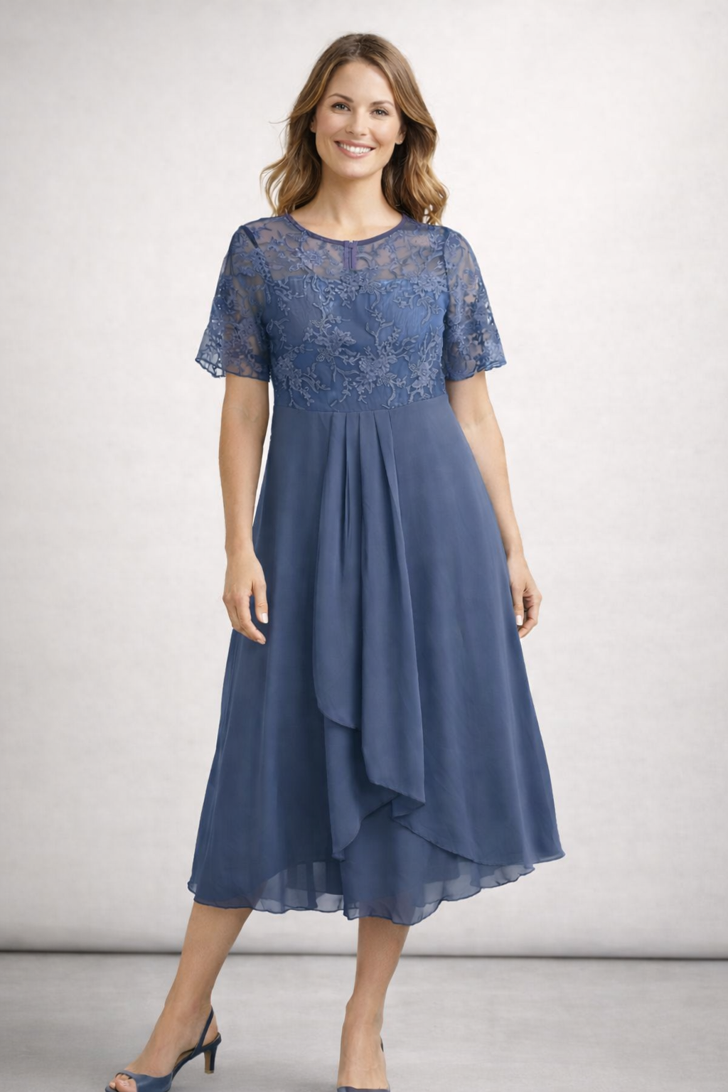 Midi Dress with Lace and Chiffon for Women