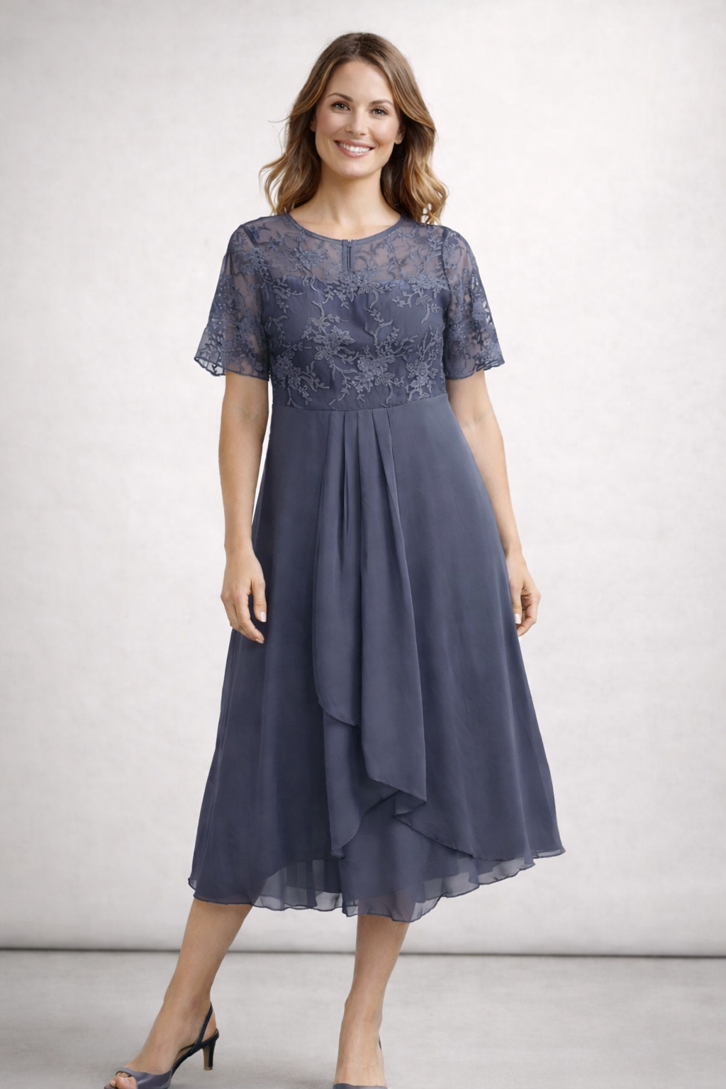 Midi Dress with Lace and Chiffon for Women