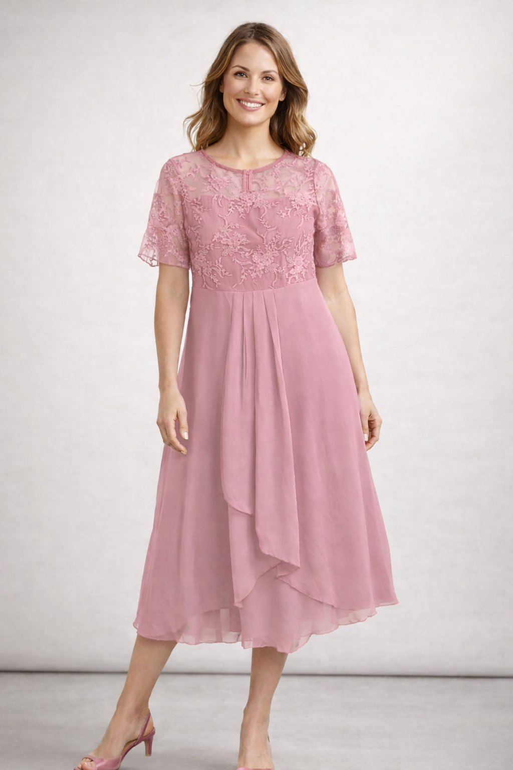 Midi Dress with Lace and Chiffon for Women