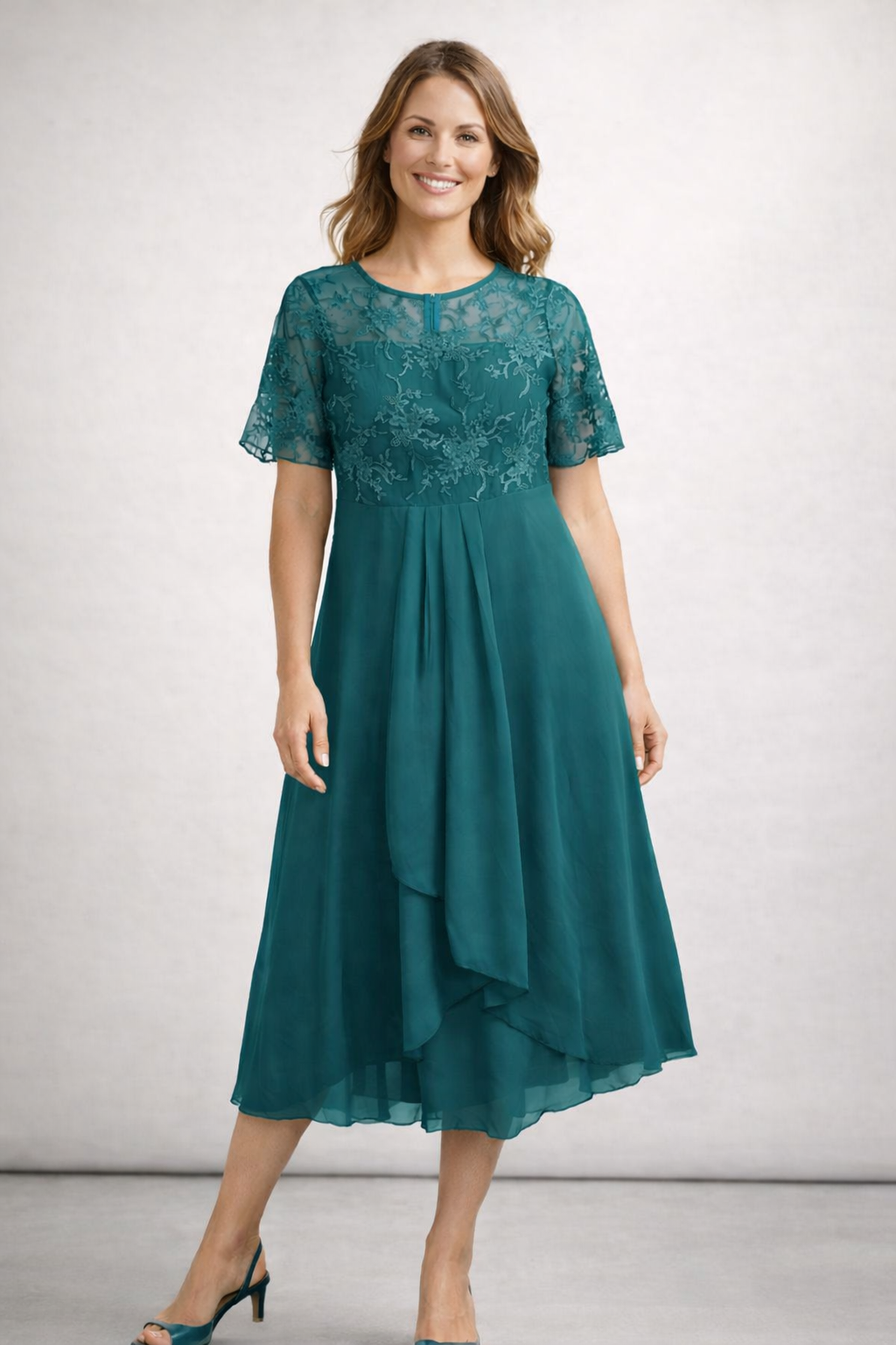 Midi Dress with Lace and Chiffon for Women