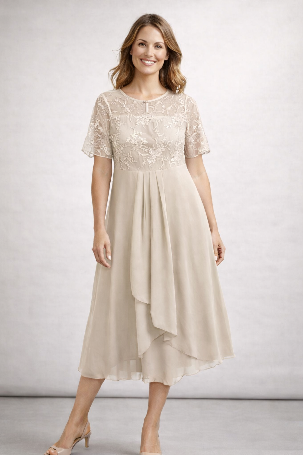 Midi Dress with Lace and Chiffon for Women