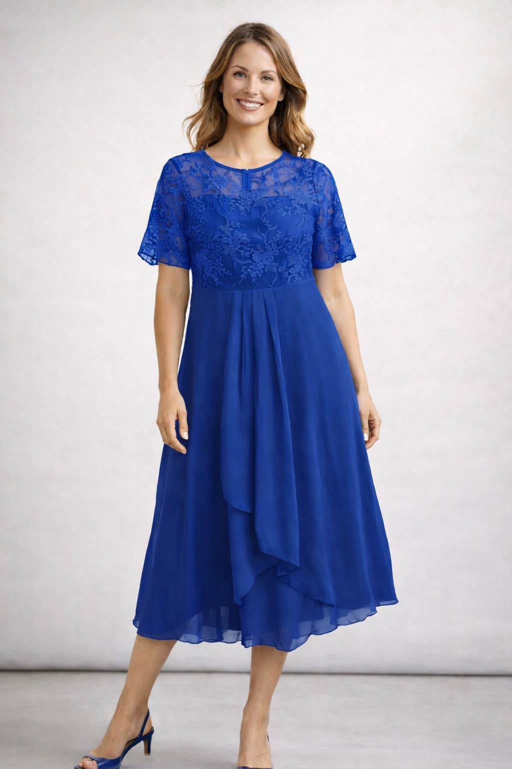 Midi Dress with Lace and Chiffon for Women