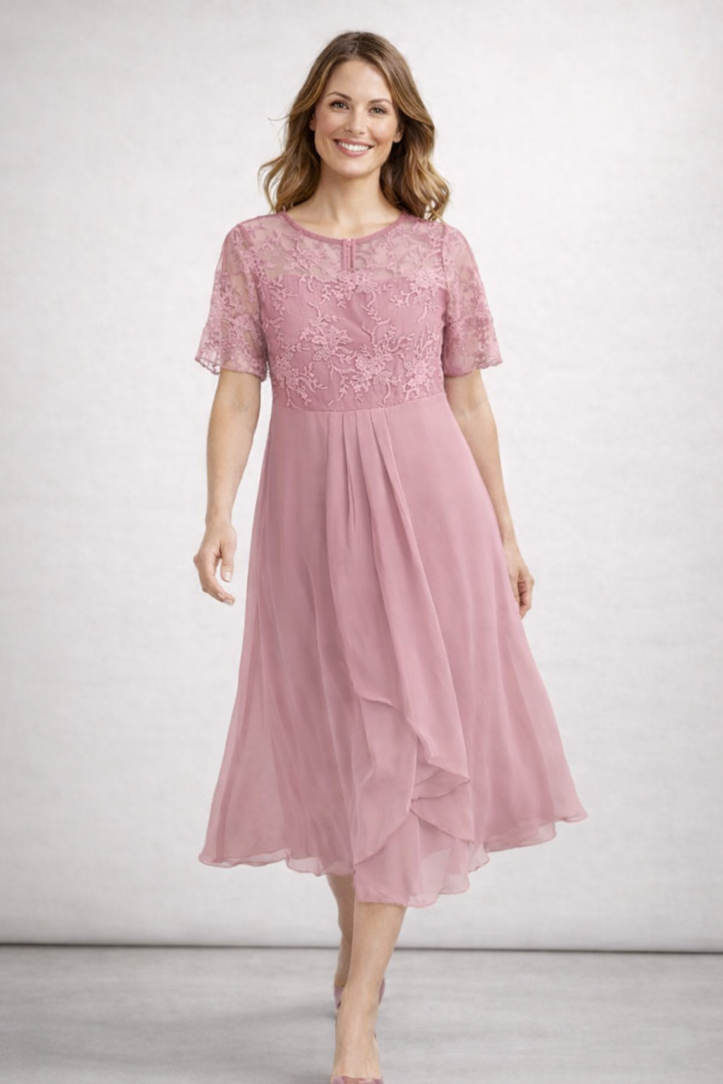 Midi Dress with Lace and Chiffon for Women