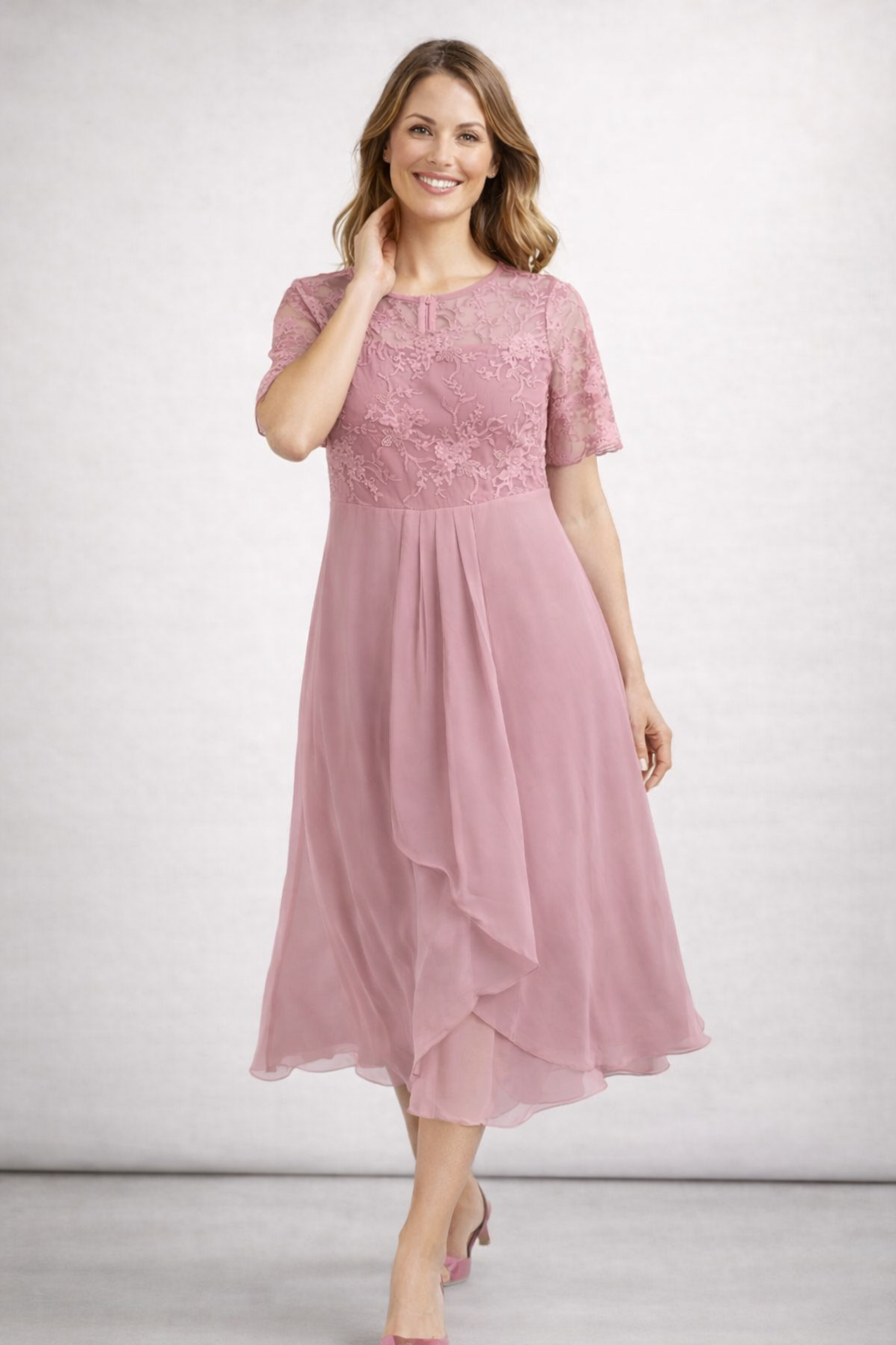 Midi Dress with Lace and Chiffon for Women