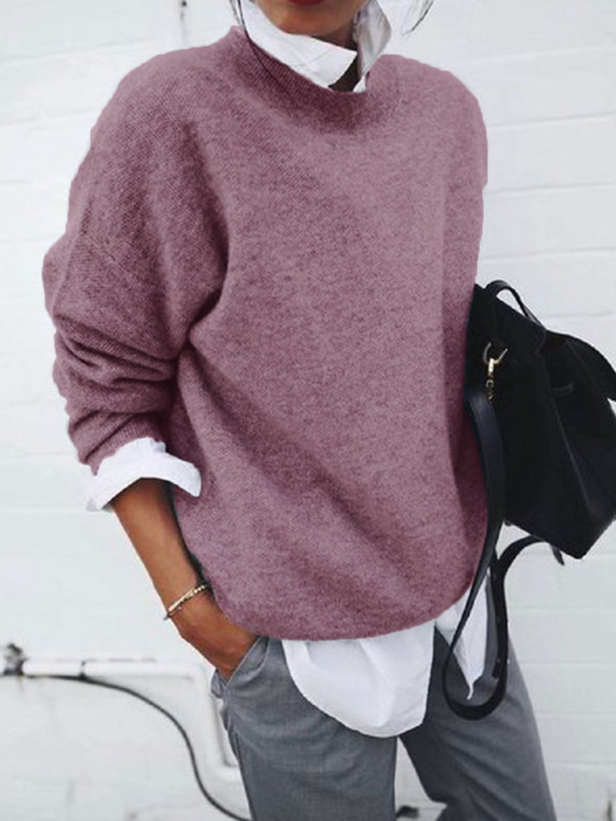 Pullover Cotton Blend Crew Neck Long Sleeve Sweater for Women