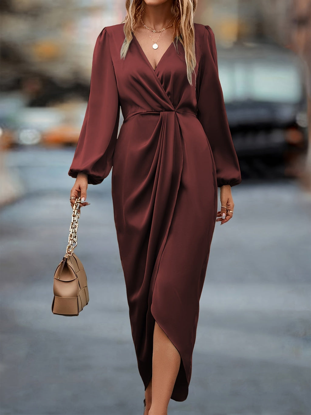 Midi Dress with V-Neck and Bubble Sleeves for Women