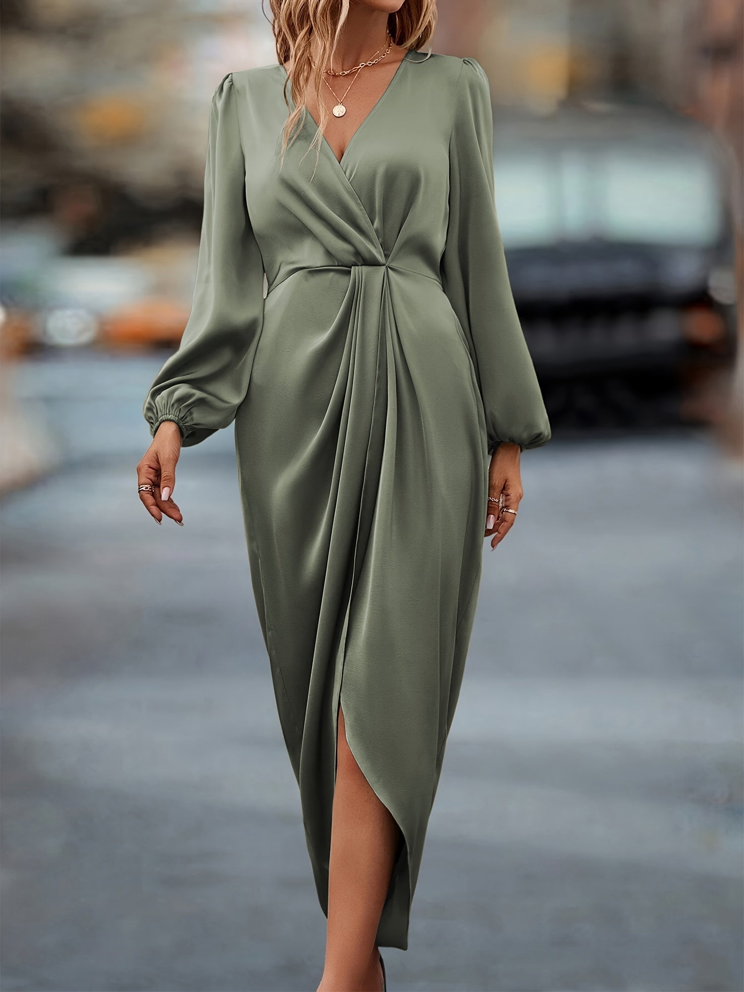 Midi Dress with V-Neck and Bubble Sleeves for Women
