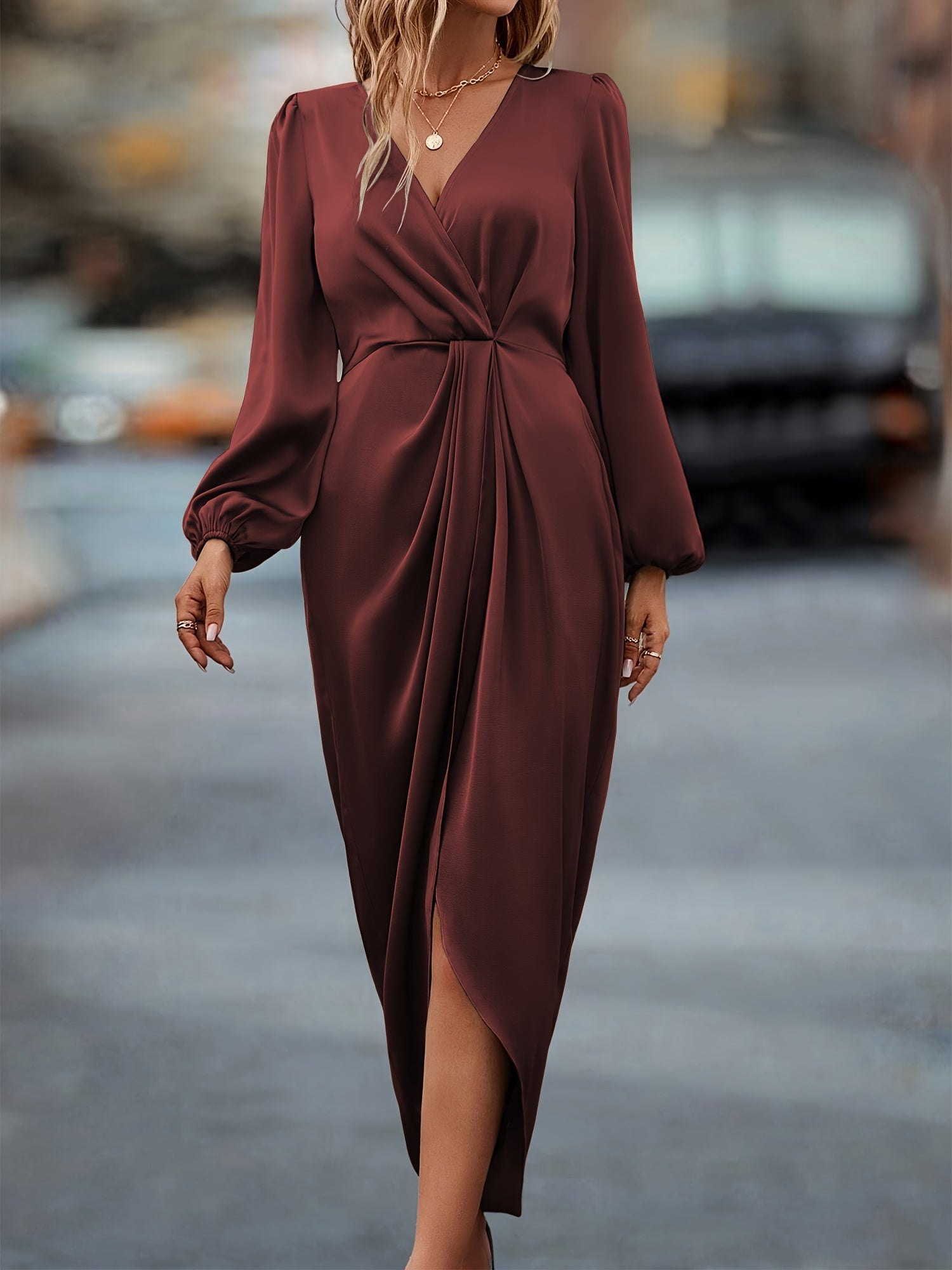 Midi Dress with V-Neck and Bubble Sleeves for Women