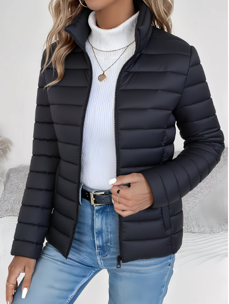 Quilted Hip Length Puffer Jacket with Stand Collar for Women