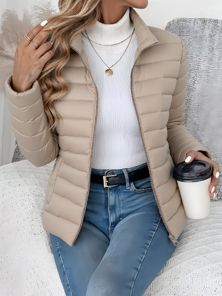 Quilted Hip Length Puffer Jacket with Stand Collar for Women