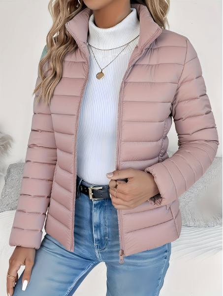 Quilted Hip Length Puffer Jacket with Stand Collar for Women