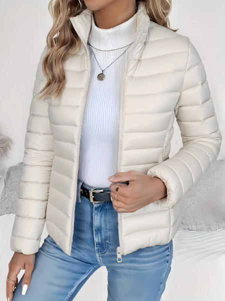 Quilted Hip Length Puffer Jacket with Stand Collar for Women