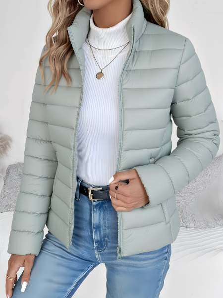 Quilted Hip Length Puffer Jacket with Stand Collar for Women
