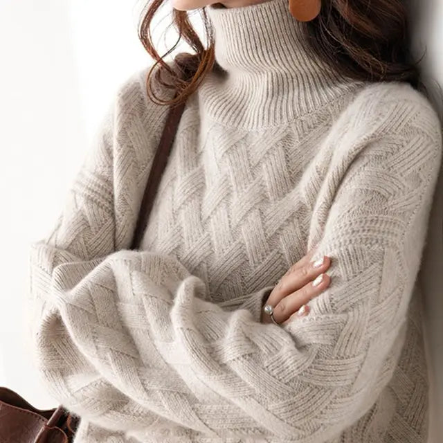 Oversized Cable Knit Turtleneck Pullover Sweater for Women