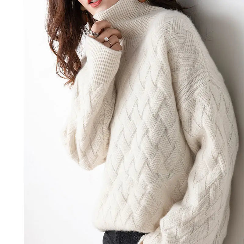 Oversized Cable Knit Turtleneck Pullover Sweater for Women