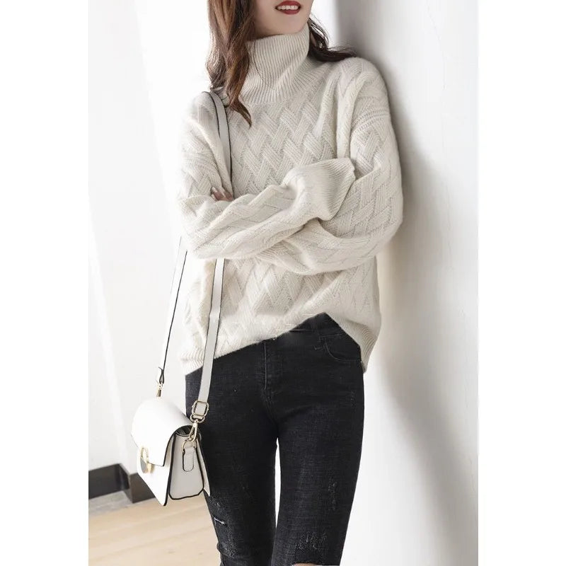 Oversized Cable Knit Turtleneck Pullover Sweater for Women