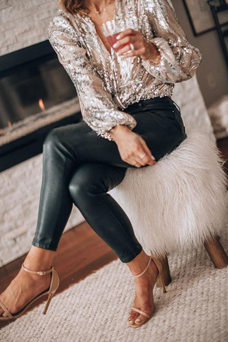 Sequin V-Neck Blouse for Women
