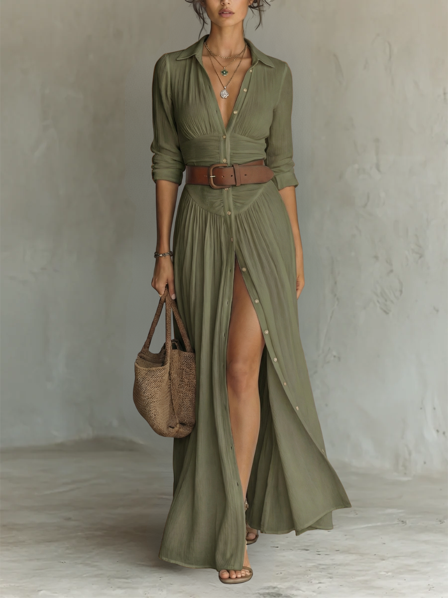 Maxi Dress with Pleats and Long Sleeves for Women